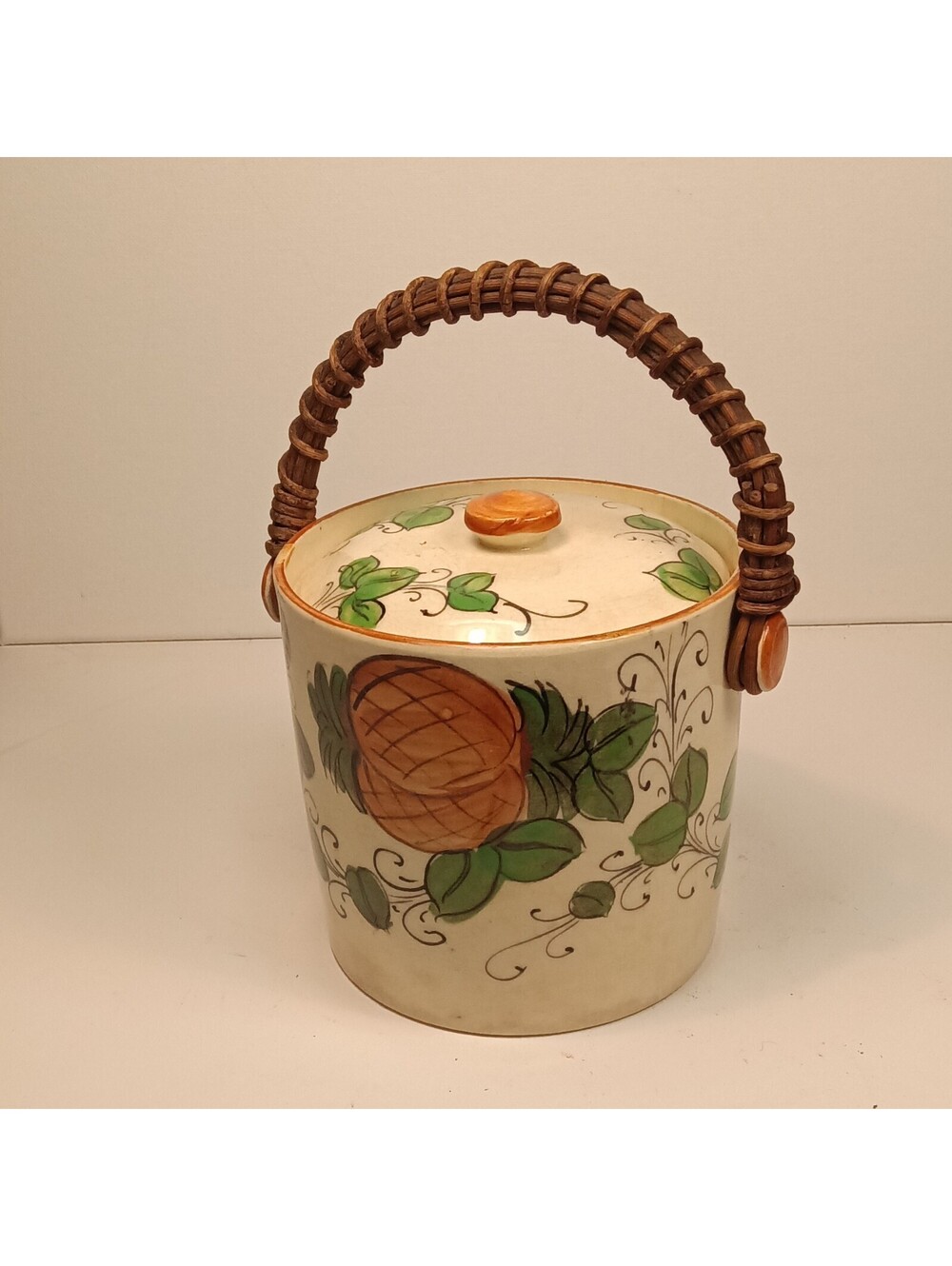 Vintage Japanese Floral Biscuit Jar Ceramic Cookie Barrel Wicker Handle 5"x6.5"